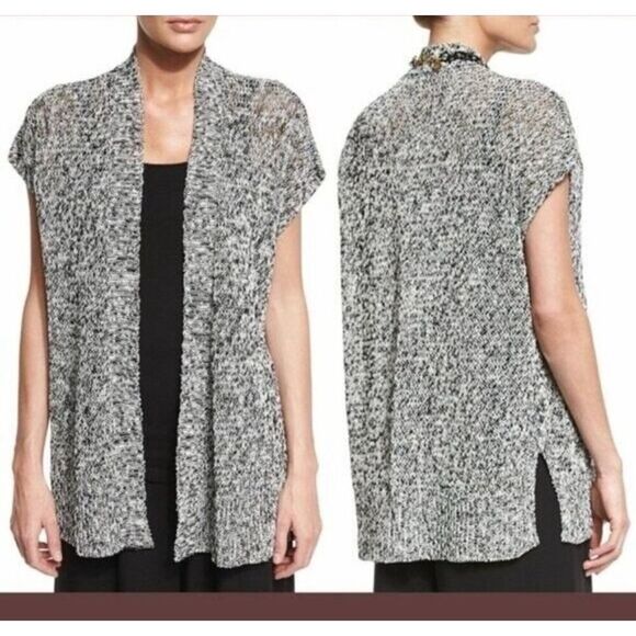 Eileen Fisher Sleeveless Open Knit Linen Blend Cardigan Black White Sz M Beachy - Picture 1 of 8